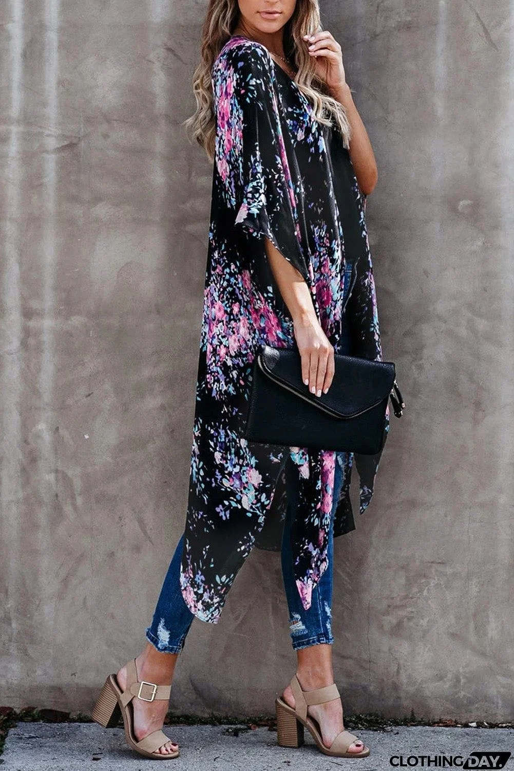 Floral Kimono Sleeves Chiffon Loose Beach Cover Up