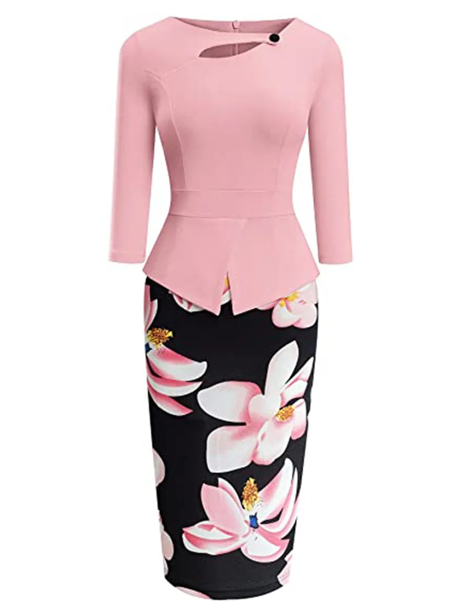 Pink Dress Floral Print Hollow Out Neck Long Sleeve Pencil Dress