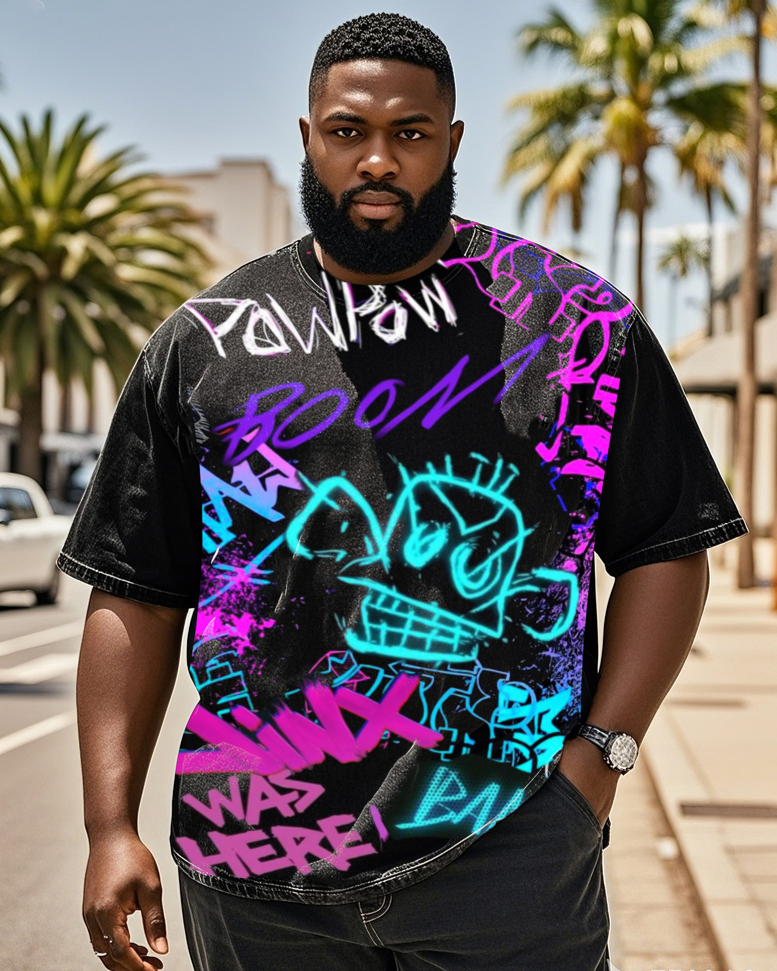 Plus Size Men's Street Fashion Graffiti Creative English Denim Short Sleeve T-shirt