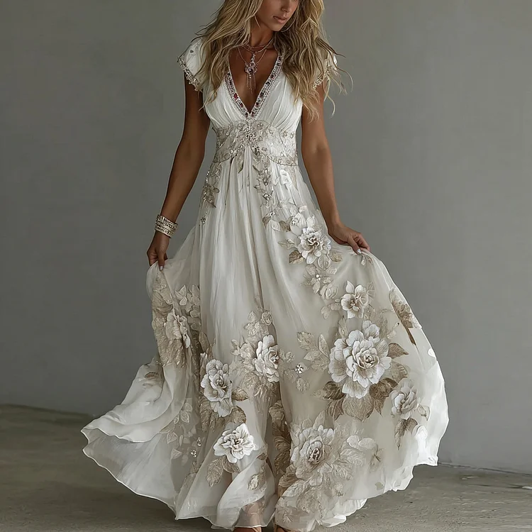 Women's Vintage Boho Floral Art  Short-sleeved Maxi Dress