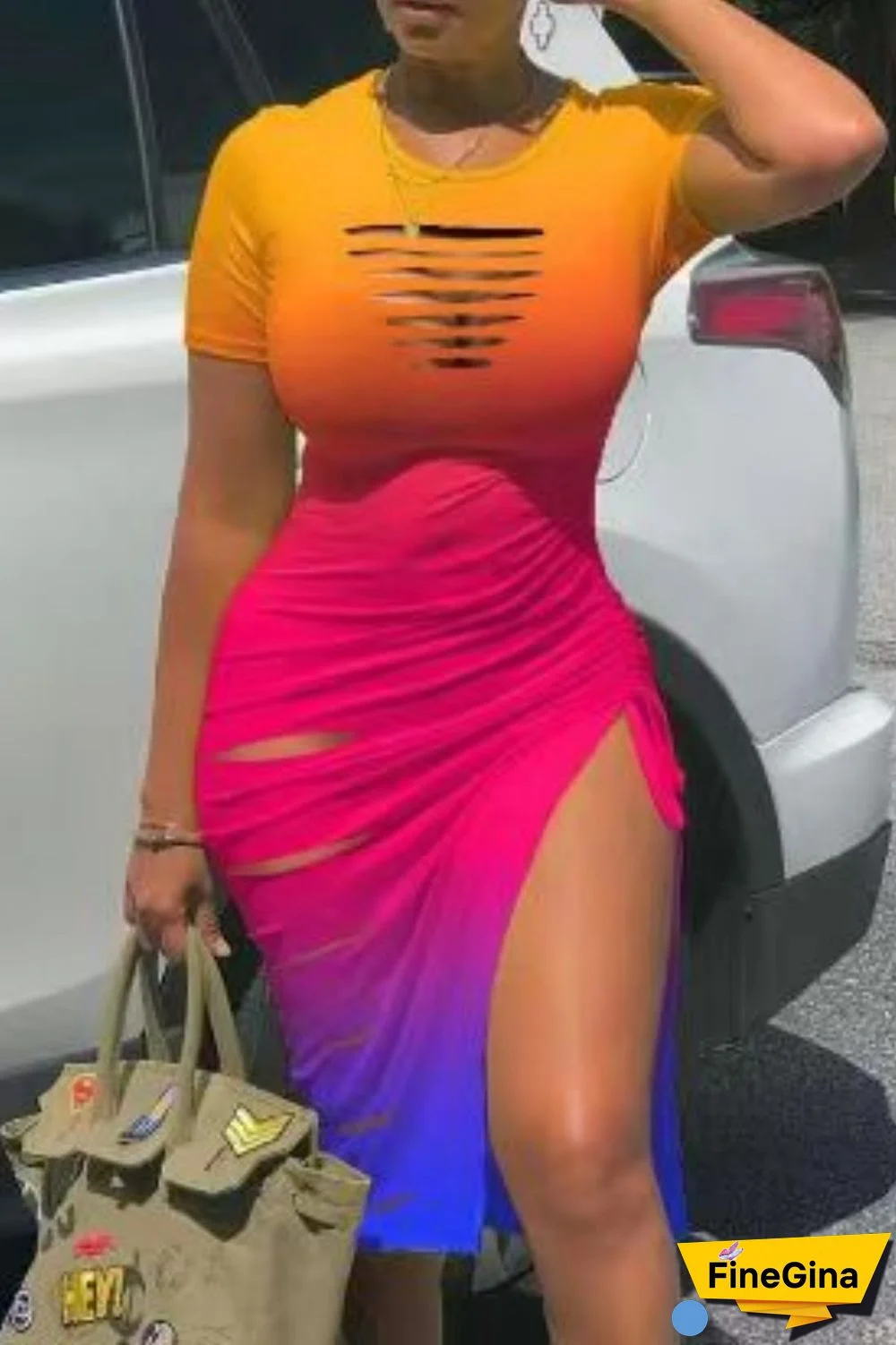 Black Casual Print Solid Ripped Hollowed Out Slit O Neck Short Sleeve Dress