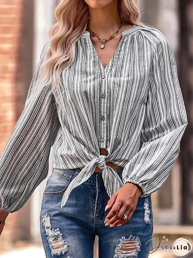 Stylish Slim Fit V-Neck Striped Long Sleeve Blouse