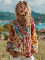 Women's Vintage Ethnic Floral Pattern Linen Round Neck Shirt