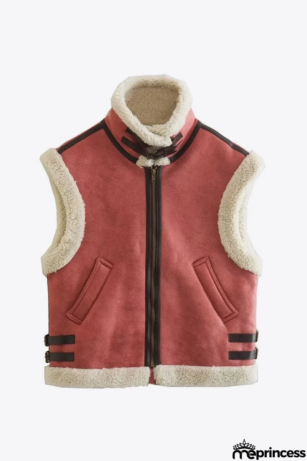 Collared Zip-Up Suede Sherpa Vest