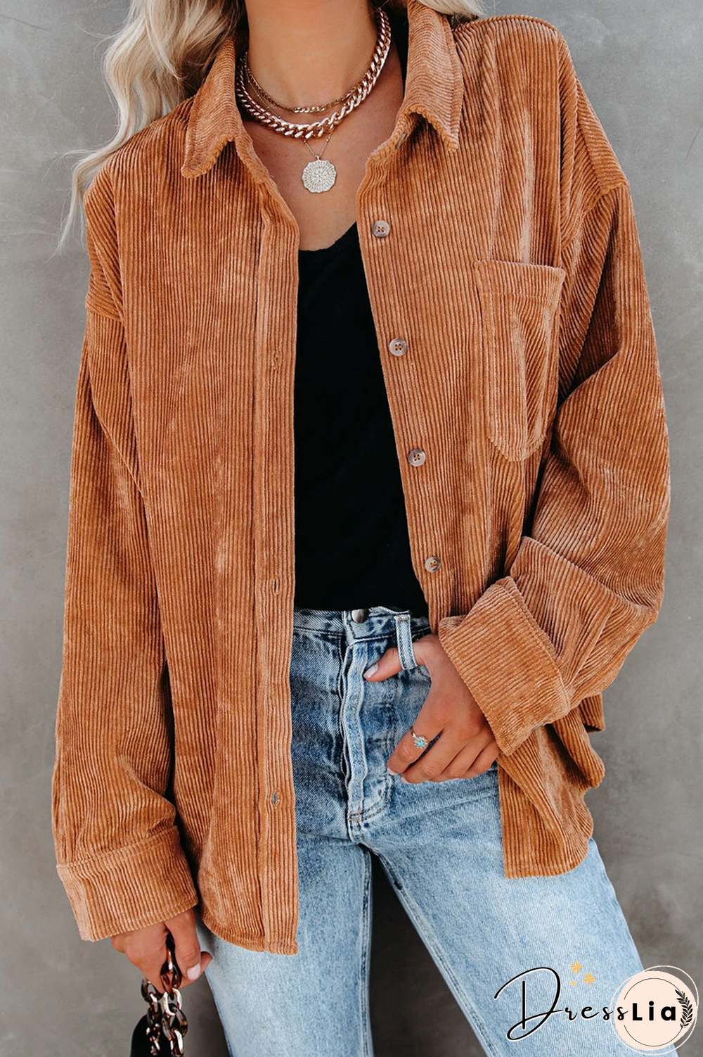 KarliDress Corduroy Button Down Pocket Top P12483