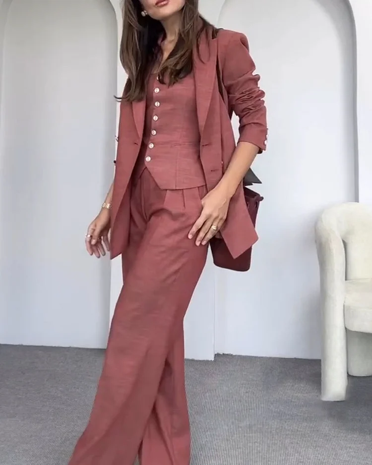 Women's solid color trousers casual suit three piece set