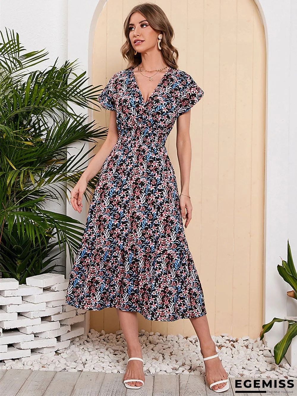 Chiffon Printed One Sleeve Large Swing Holiday Beach Dress | EGEMISS