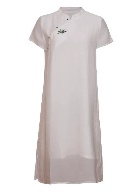 Natural stand collar embroidery quilting clothes Fabrics white Dresses