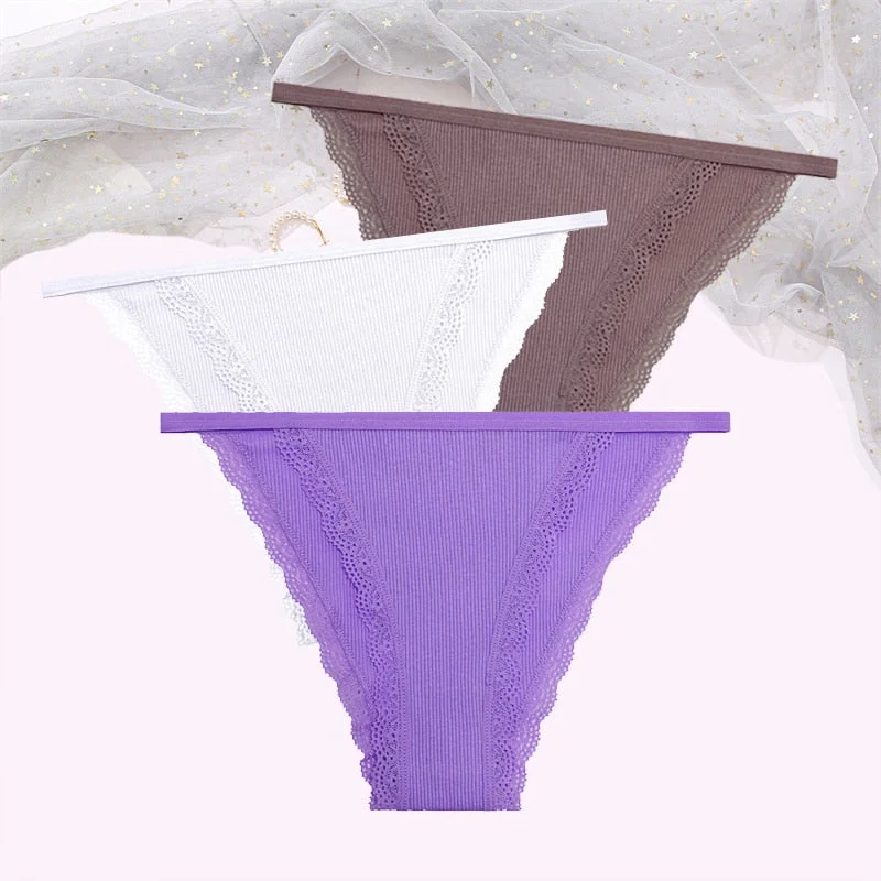 FINETOO Women's Cotton Panties 3Pcs/set Lace Briefs S-XL Comfortable Underwear Ladies Cotton Underpants Soft Panty Intimates New