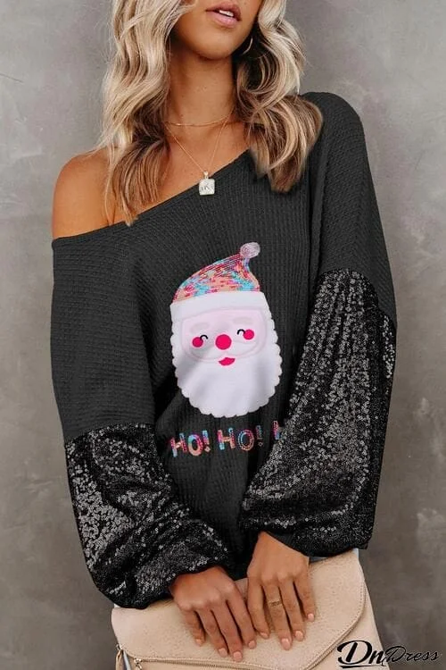 Waffle-Knit Santa Graphic Sequin Long Sleeve Blouse