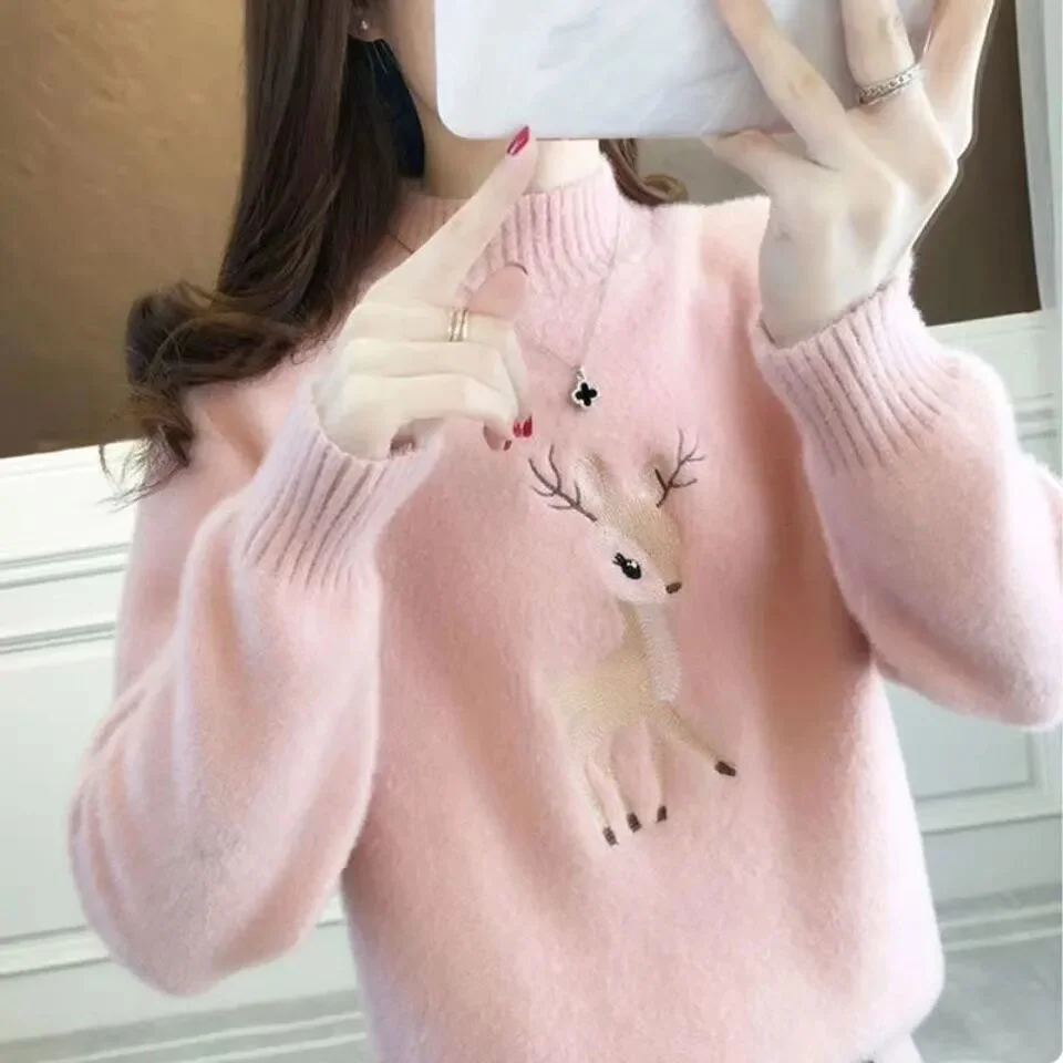 Pongl Autumn Winter Embroidered Deer Sweaters Women New Long Sleeve Classic Mock Neck Casual Comfortable Keep Warm Top 2023