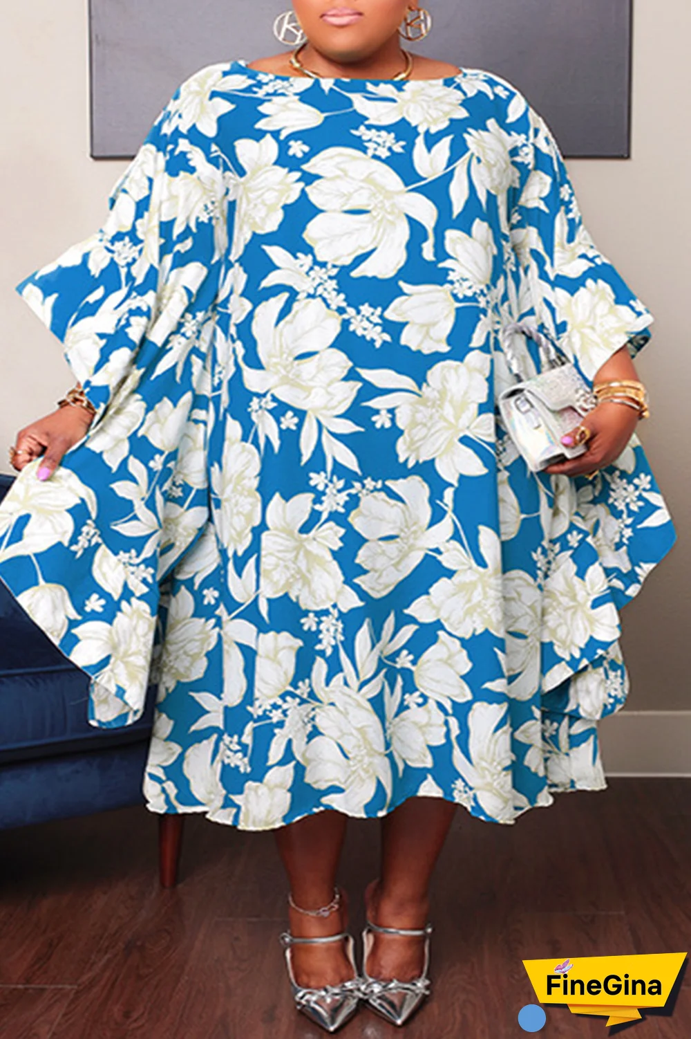 Cyan Casual Sweet Street Floral Patchwork O Neck Irregular Dress Plus Size Dresses