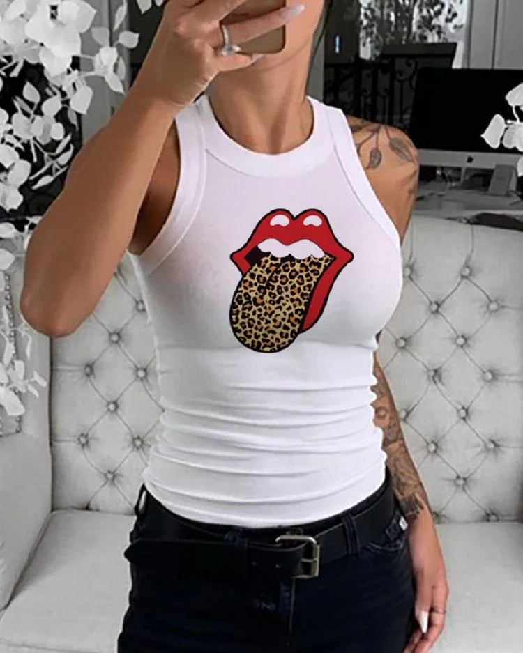 Lip print crew neck vest