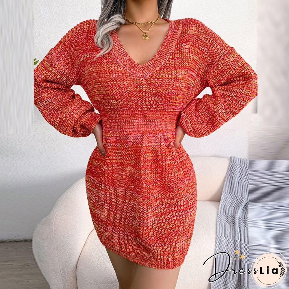 Fashion Autumn Solid Bag Hip Slim Dresses Elegant V Neck Waist Ribbed Mini Dress Female Casual Lantern Long Sleeve Sweater Dress