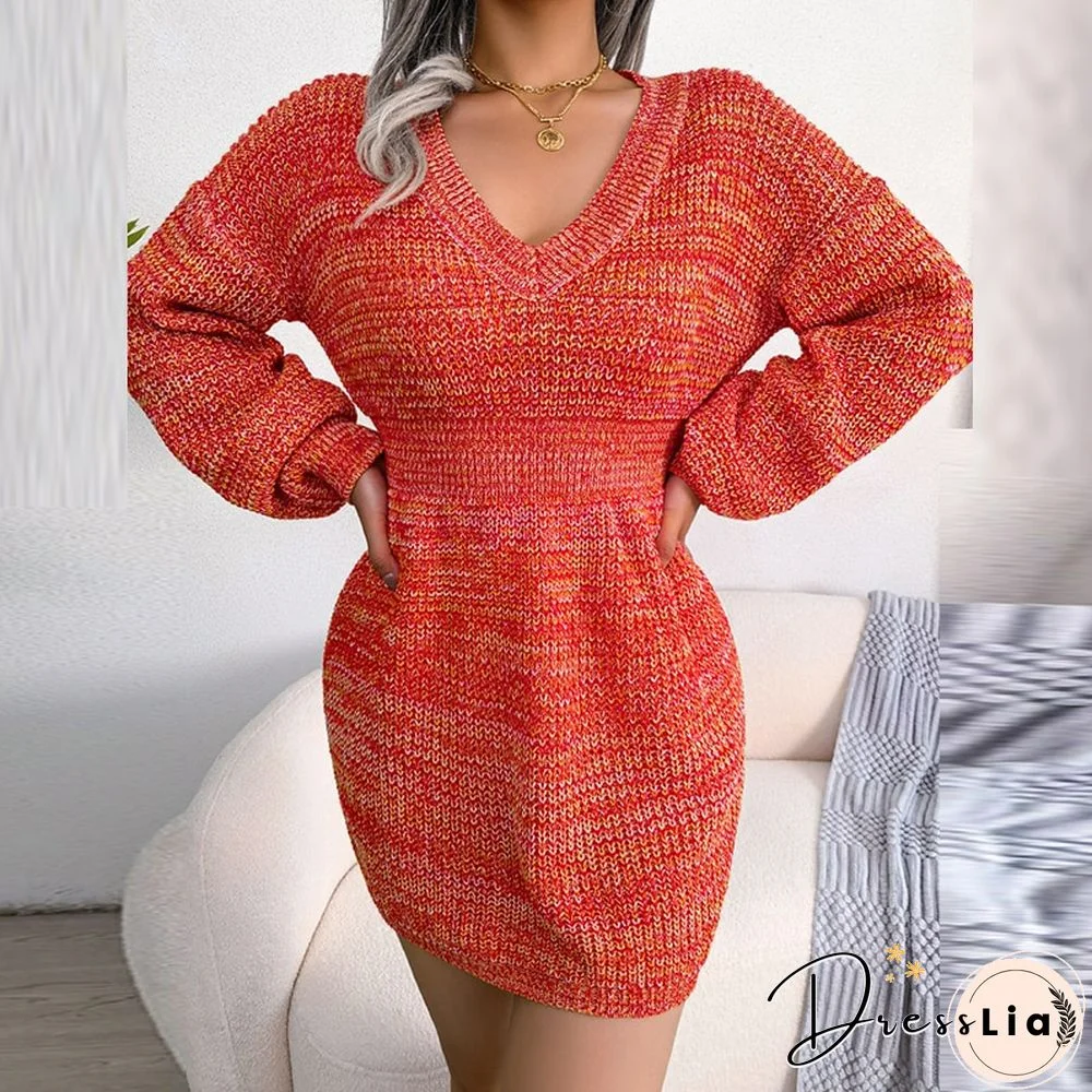Fashion Autumn Solid Bag Hip Slim Dresses Elegant V Neck Waist Ribbed Mini Dress Female Casual Lantern Long Sleeve Sweater Dress