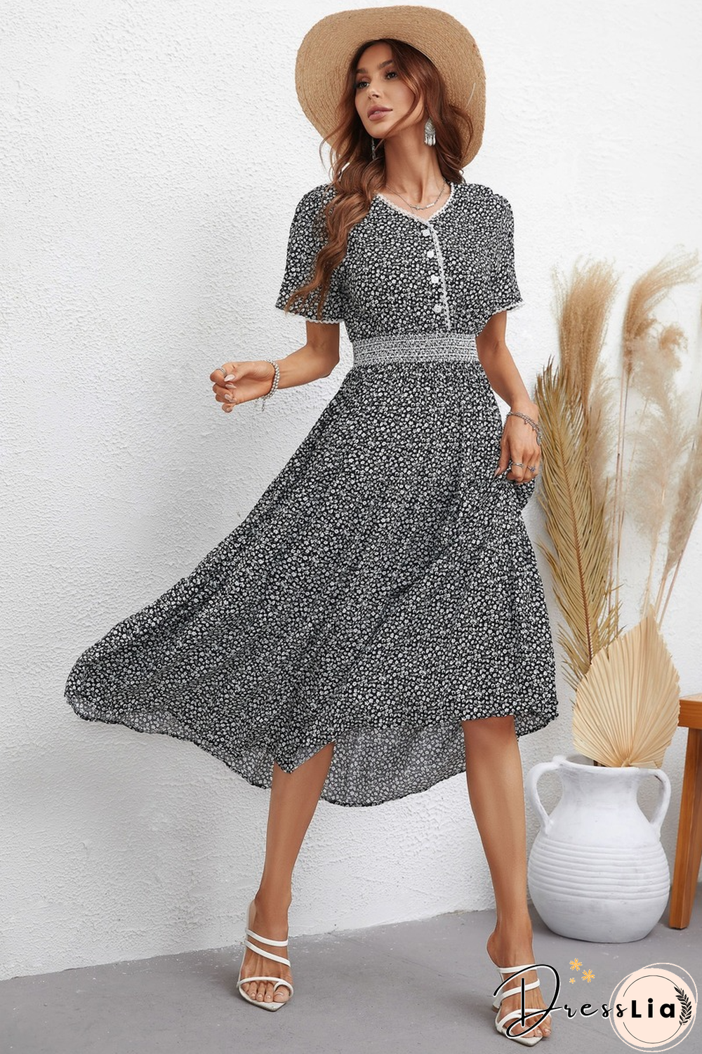 Elegant Floral Print Dress Women Summer Dresses New V Neck Short Sleeve Single-breasted Lace High Waist Midi Dress