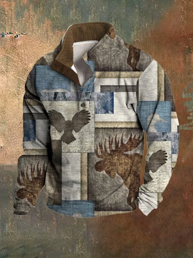 Men's Fleece Outdoor Hunting Enthusiast Elk Plaid Print Stand Collar Sweatshirt
