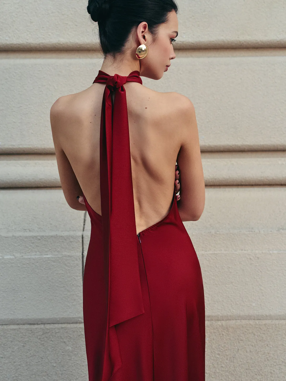 satin halter open back dress Band Collar Halter Open Back Fluid Satin Maxi Bridesmaid Dress With Self-tie Bow In Sage