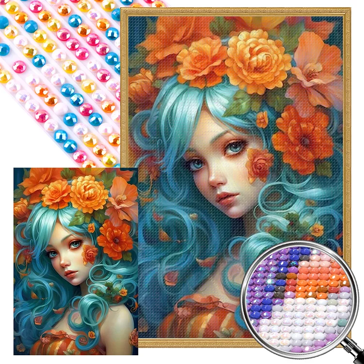 Partial AB Drill - Full Round Diamond Painting - Blue-Haired Girl Among Flowers 40*60CM