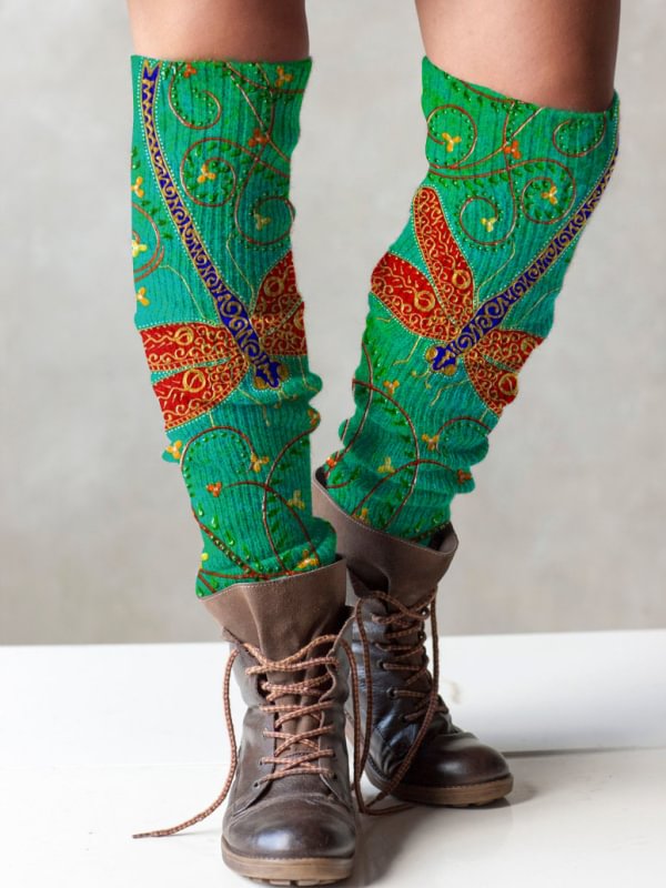 Retro dragonfly print knit boot cuffs leg warmers