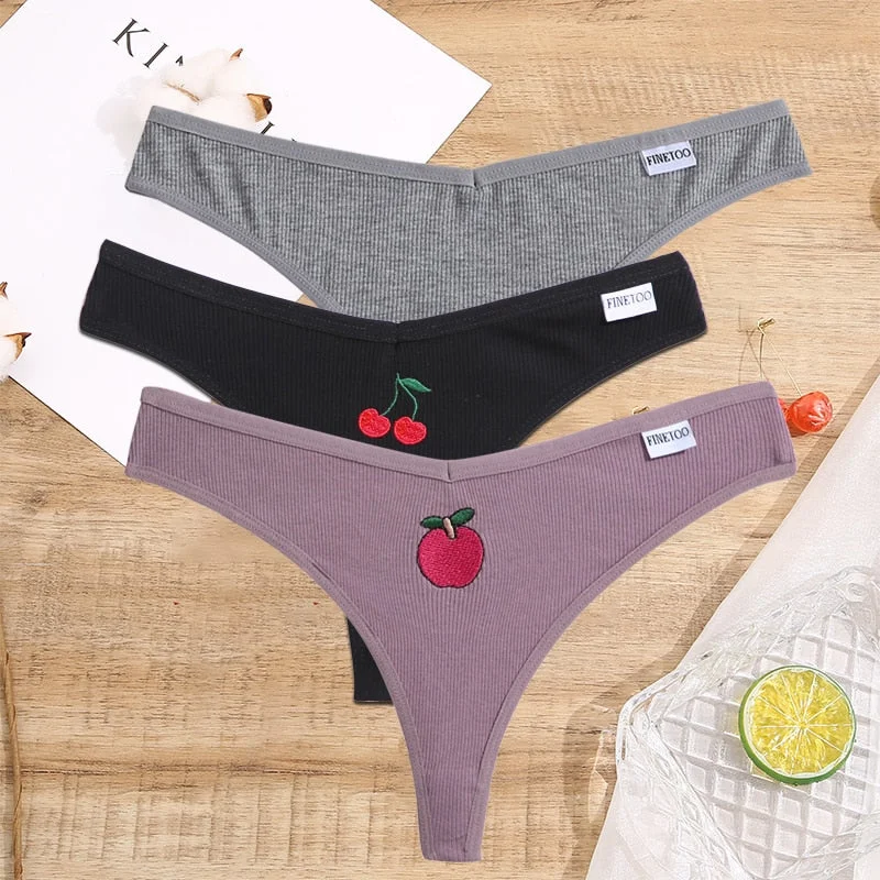 FINETOO 2/3PCS Women Lingerie Fruit Embroidery Panties G-string Sexy Low Rise Cotton Thongs Girl Underwear V-Waist Female Pantys