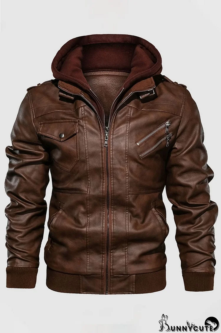 Brown Casual Solid Split Joint Pocket Zipper Hooded Collar Outerwear