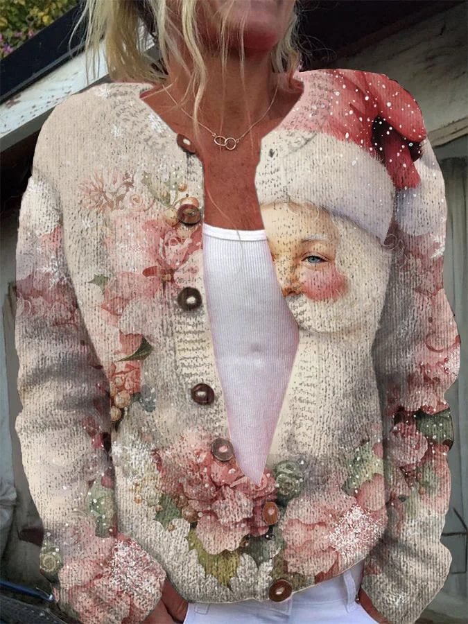 Vintage Pink Santa Floral Print Casual Button Cardigan