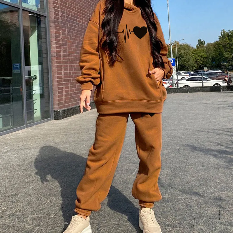 Oversize Heart Printed Fleece Women's Tracksuit Hoodies 2 Piece Set Sweatshirt + Pants Women Sport Suit Winter Sportswear