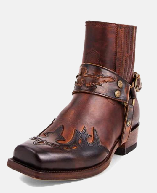 Retro Burn-out Square Toe Buckle PU Leather Short Boots