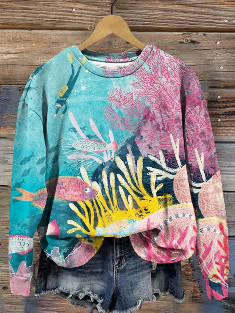 Ocean Art Painting Print Crew Neck Vintage Sweatshirt