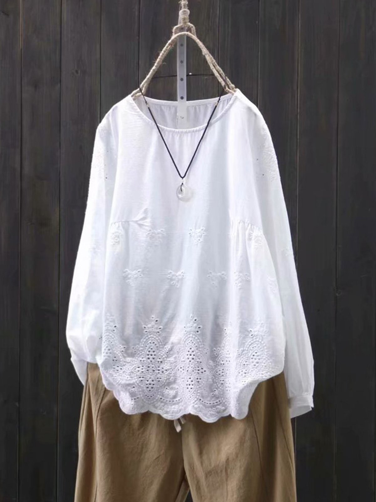 Loose Long Sleeve Hollow Out Crew Casual Tops