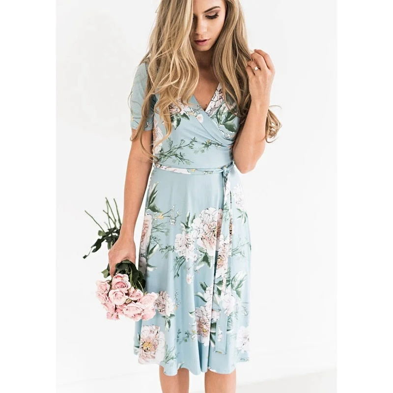 Hot Sale Women's Summer Bohemian Floral V-Neck Loose Empire Short Sleeve Fashion Casual Belted Dress Midi Sundress