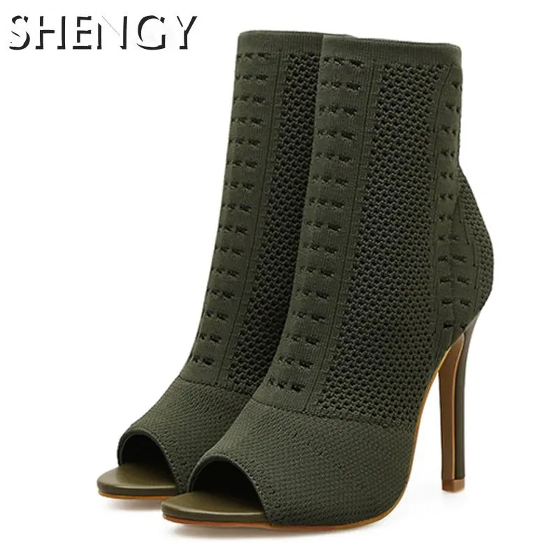 2020 Women Boots Knitted Ankle Woman Fashion High Thin Heel Women's Hollow Out Fashion Ladies Peep Toe Female Elegant Sock Shoes