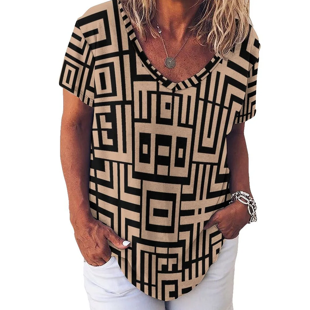 V-neck Short Sleeve Casual T-shirt for  Women Printed with Pattern Graphic, Brown, Black