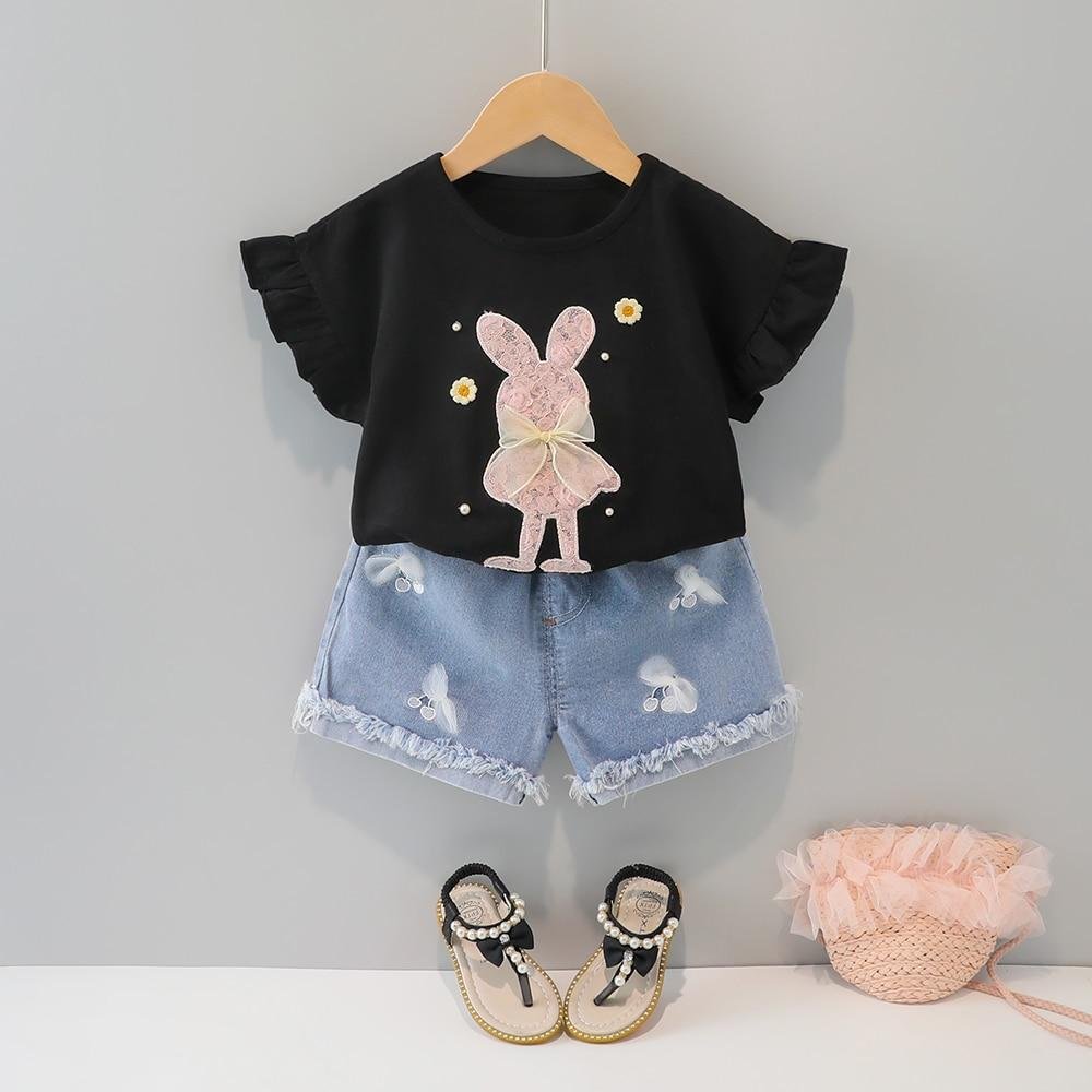 Cute Lace Clothes Girls Outfit T-Shirt + Hole Shorts Dress 2021 Summer Fashion Cotton Cartoon Baby Toddler Fly Sleeves Outfits