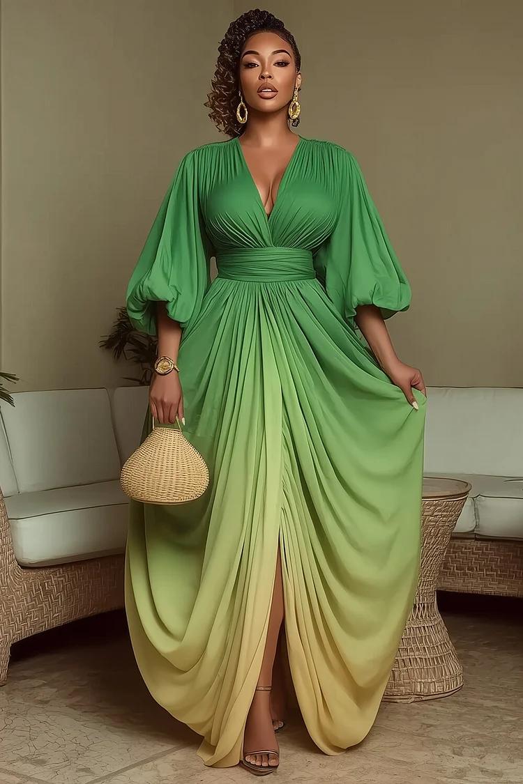 3/4 Sleeve V Neck Ruched Ombre Wedding Guest Maxi Dresses-Green 3/4 Sleeve V Neck Ruched Ombre Wedding Guest Maxi Dresses-Green