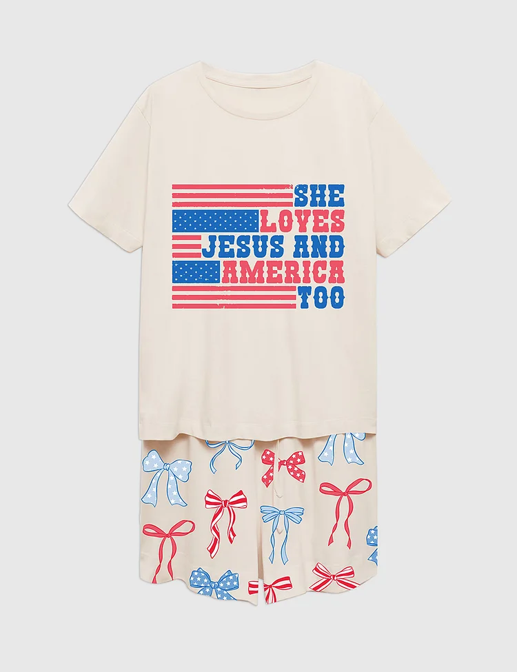 Women&rsquo;s She Loves Jesus And America Too Patriotic American Bows 4th Of July Short Sleeve Pajama Set