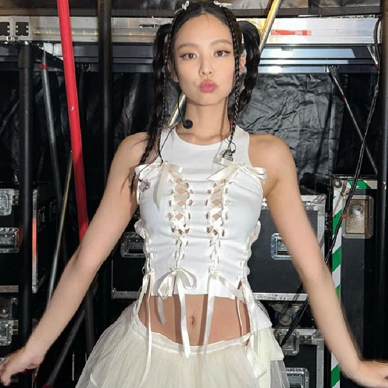 Uveng Uveng 2023 Hot Style Fashion Round Collar Hollow Out Cross-Tie Bow Short Sleeveless Vest