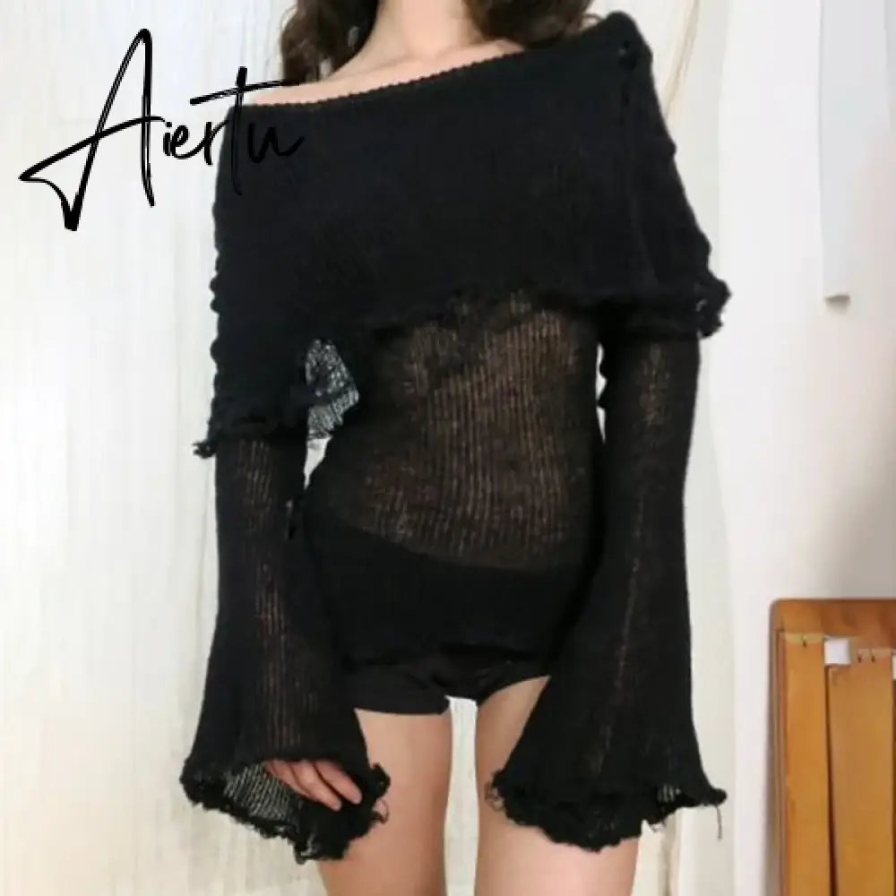 Absobe Flipped Off Shoulder Sweater Women's Hollow Out Slash Neck Long Sleeve Slim Woollen Pullover Top Hottie Casual Streetwear Aiertu