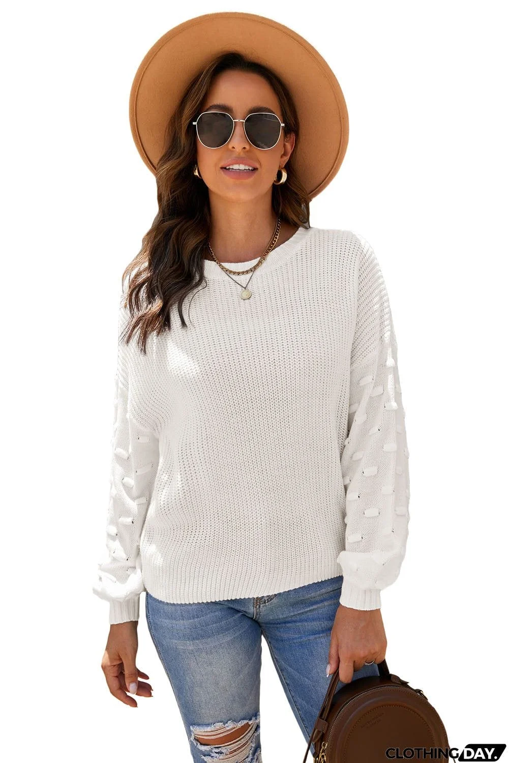 Winter White Bubble Sleeve Cropped Knit Sweater