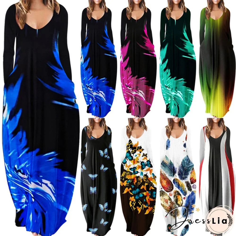 Women Loose Pocket Boho Vintage Hole Dress Full Long Sleeve Spring Party Beach Maxi Dresses Big Large Plus Size