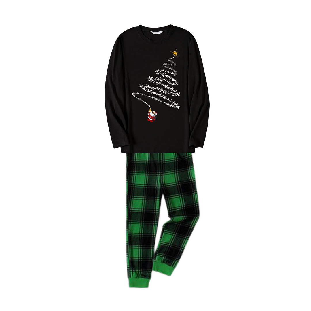 Santa Claus and Christmas Tree Print Black Long Sleeve Top with Green and Black Plaid Family Matching Pajamas