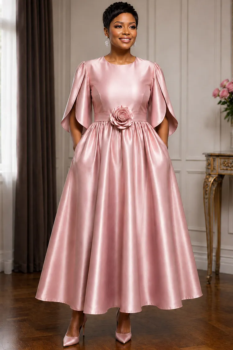 Xpluswear Design Plus Size Wedding Guest Pink Round Neck Half Sleeve Pocket 3D Satin Maxi Dresses [Pre-Order] 2024 - Xpluswear