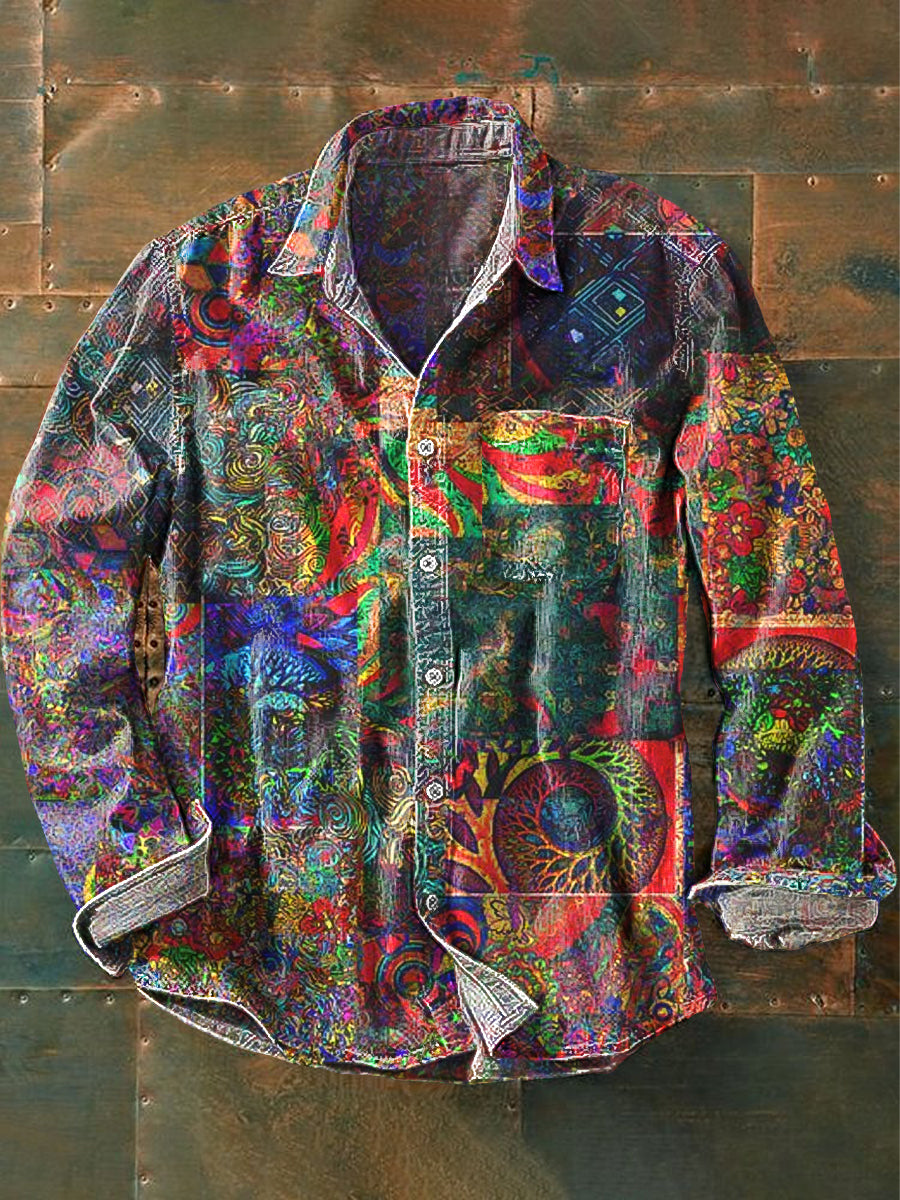 Men's Vintage Abstract Ethnic Art Print Long Sleeve Pocket Shirt