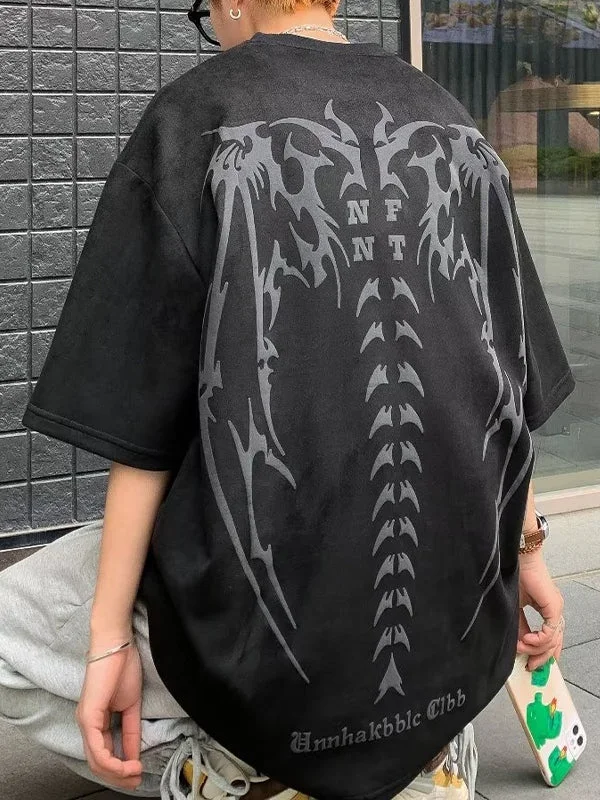 Brownm oversize short sleeve shirt made of PU suede with skeleton graphics