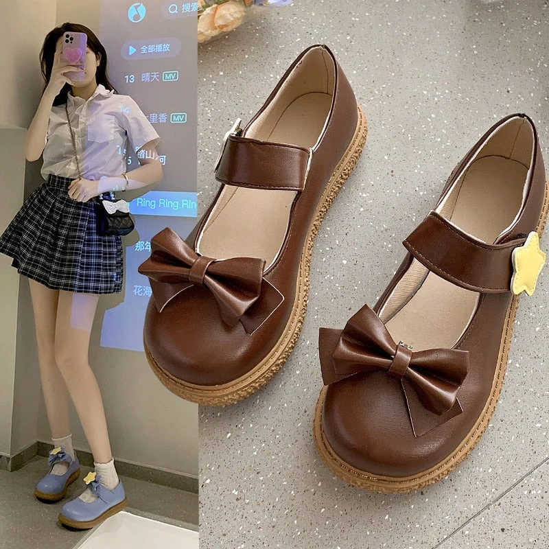 Cute five-pointed star Girls Lolita Shoes Women Mary Janes Shoes Platform Woman Flats Round Toe Ladies Shoes Black blue brown