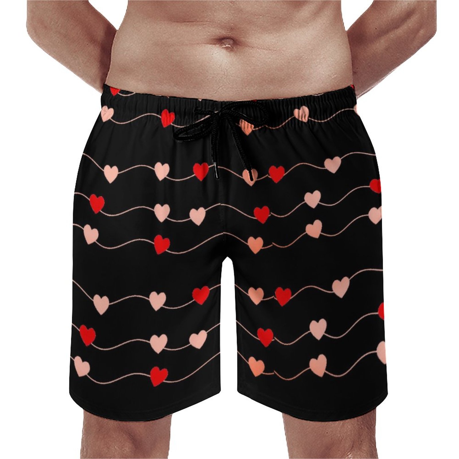 Valentines Day Black Pink Red String Of Hearts Elegant Men's Swim Trunks Summer Board Shorts Quick Dry Beach Short with Pockets