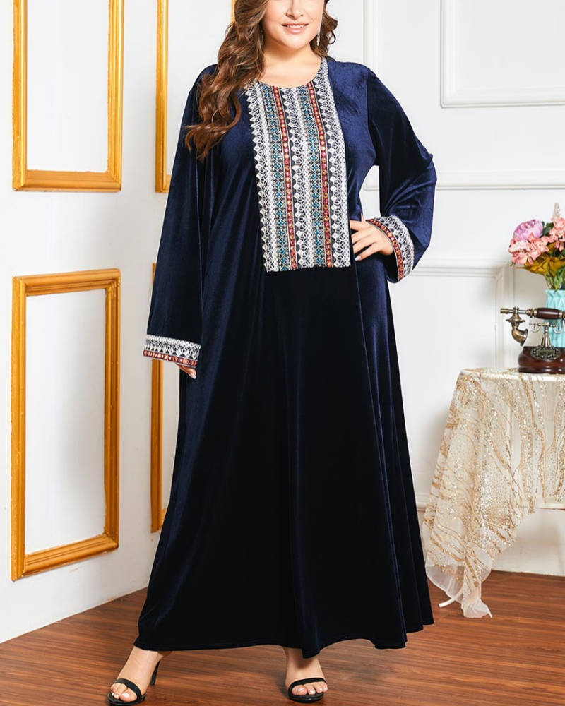 Velvet Embroidered Casual Patchwork Long Dress