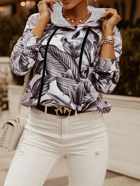 Women Long Sleeve Hooded Floral Printed Graphic Top