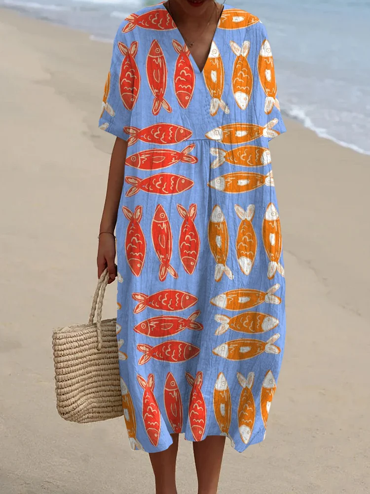 Women's Vintage Fish Art Print Flowy Dress